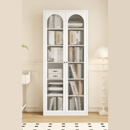 Tall White 6 Shelves Metal Glass Door Bookcase Image - 2