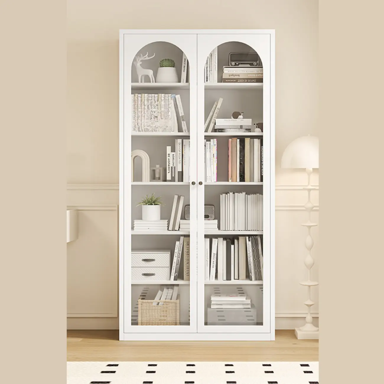 Tall White 6 Shelves Metal Glass Door Bookcase Image - 3 | homeyfad