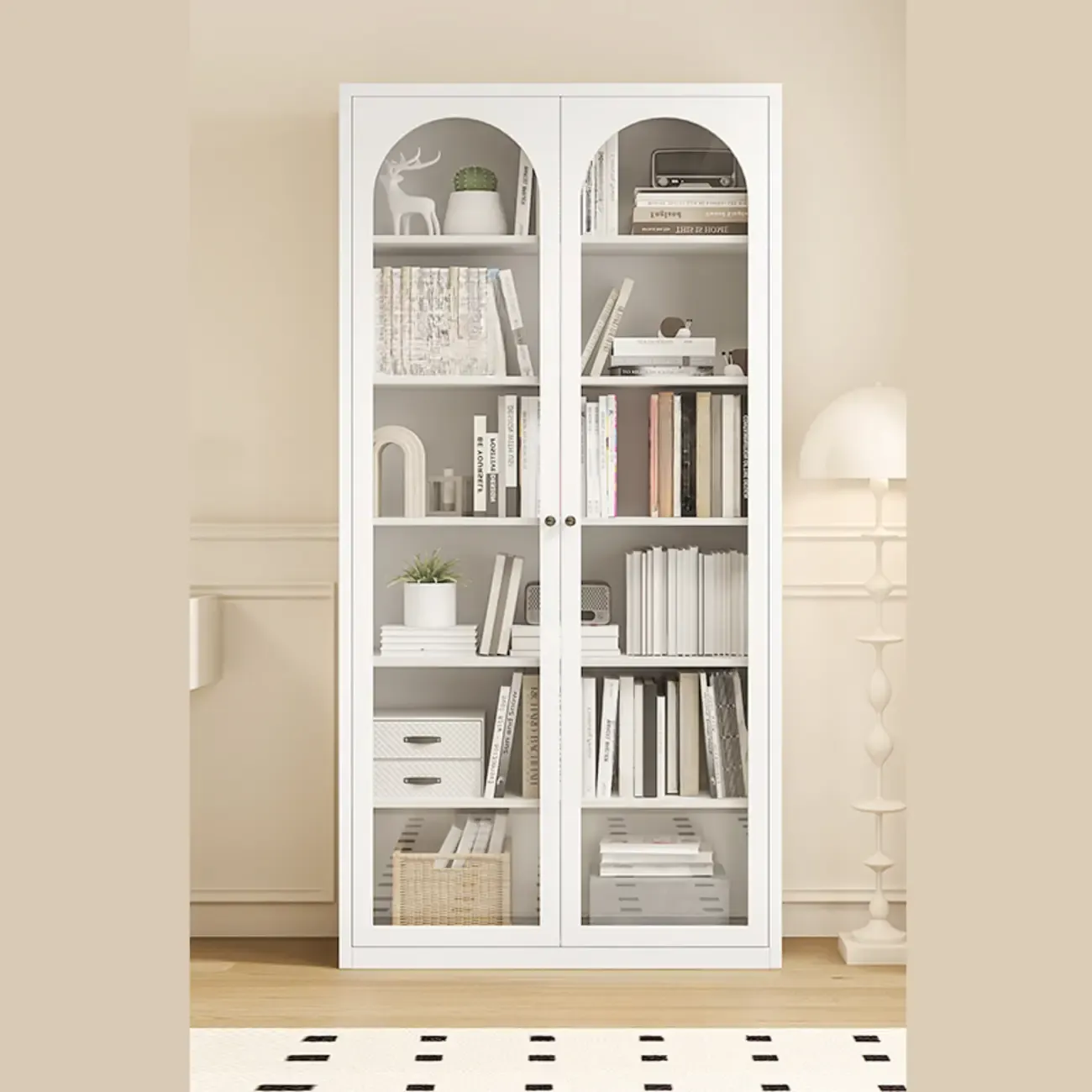 Tall White 6 Shelves Metal Glass Door Bookcase Image - 3