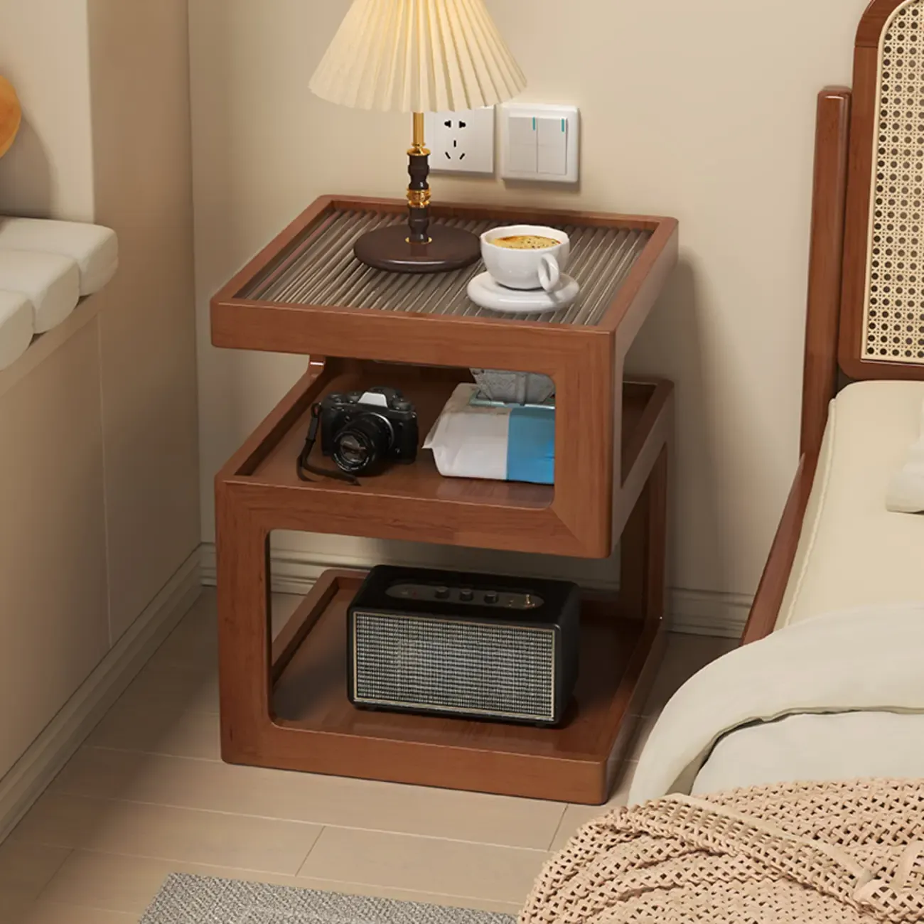 Organic Wood Bedside Cabinet with Glass Top Nightstand Image - 3