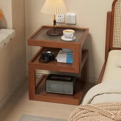 Organic Wood Bedside Cabinet with Glass Top Nightstand Image - 3