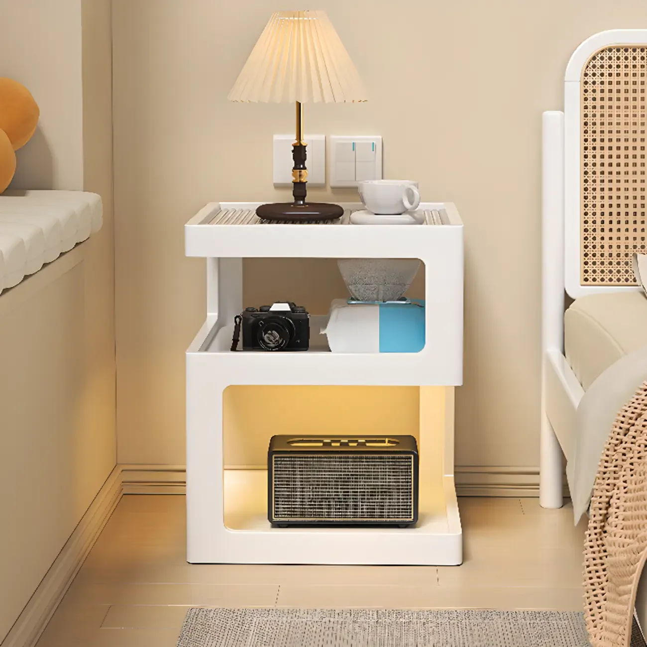 Organic Wood Bedside Cabinet with Glass Top Nightstand Image - 4