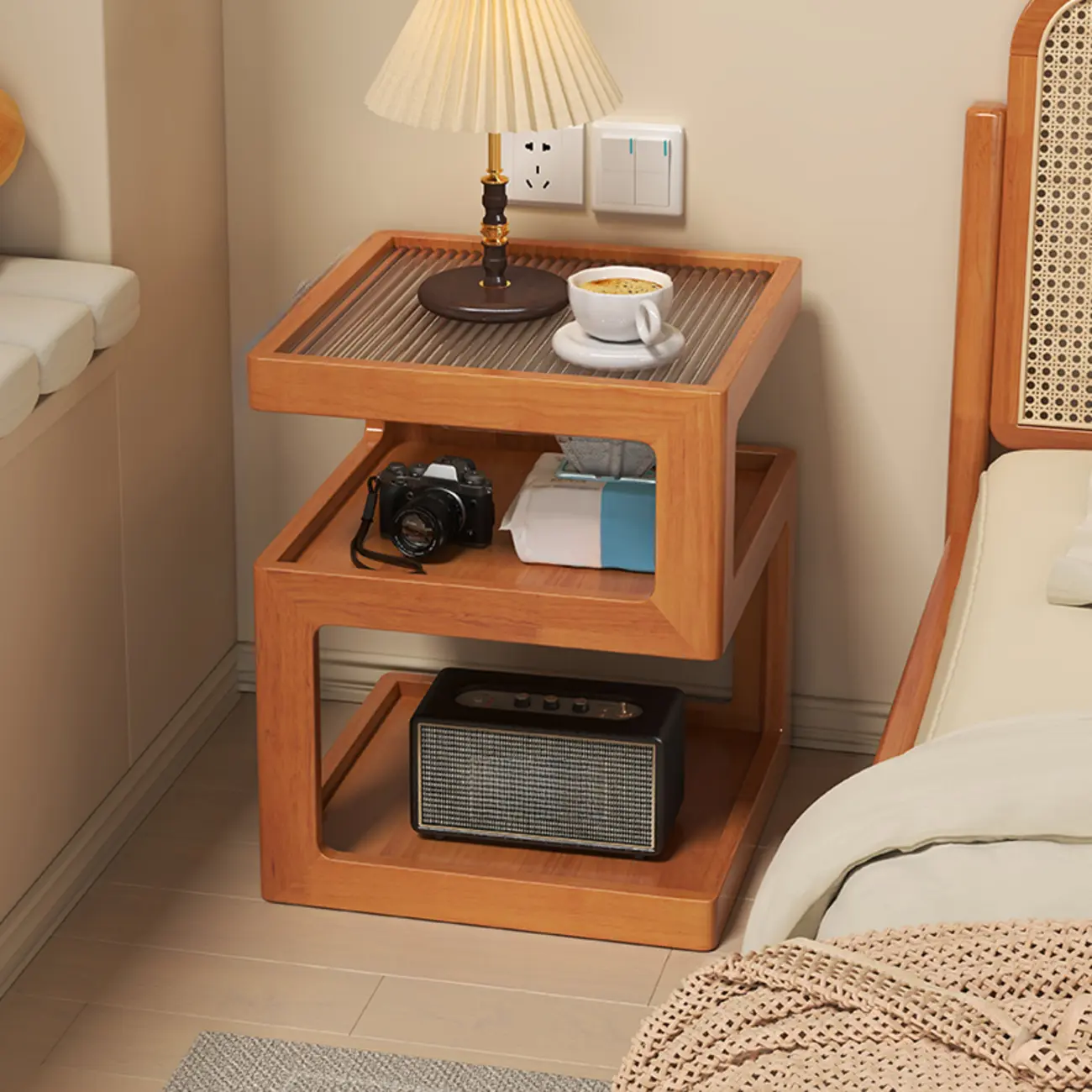 Organic Wood Bedside Cabinet with Glass Top Nightstand Image - 8 | homeyfad