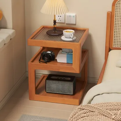 Organic Wood Bedside Cabinet with Glass Top Nightstand Image - 8