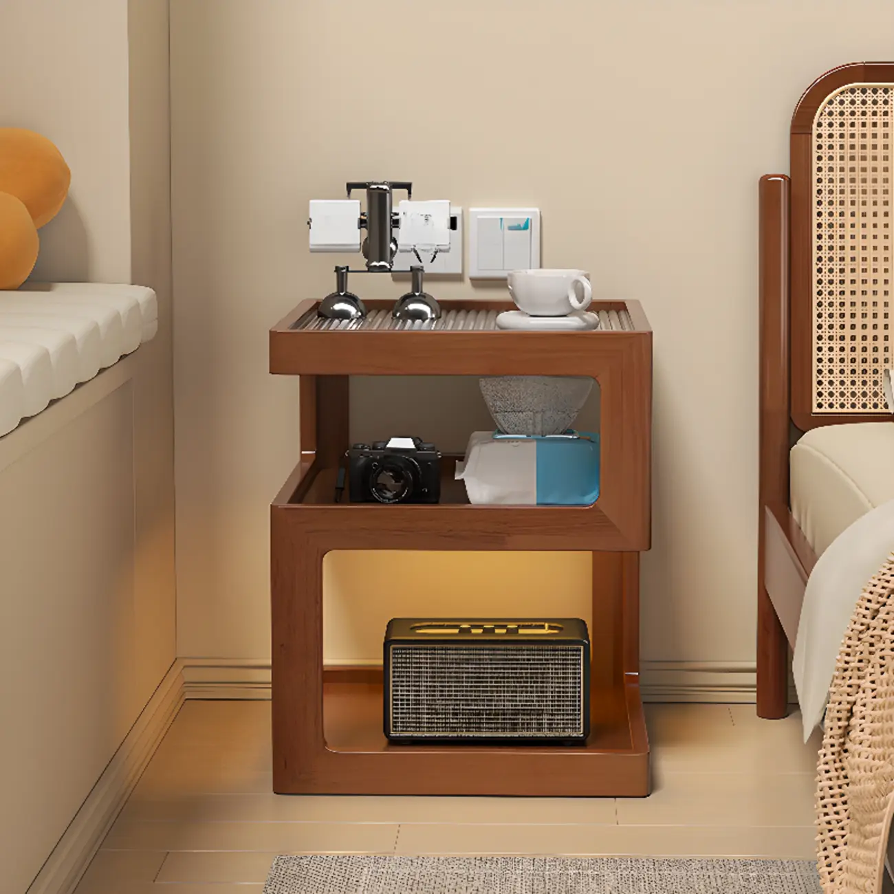 Organic Wood Bedside Cabinet with Glass Top Nightstand Image - 6 | homeyfad