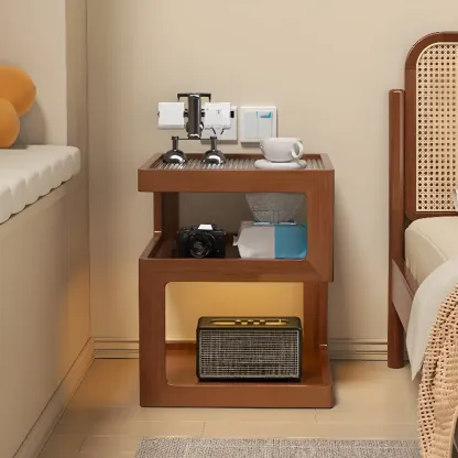 Organic Wood Bedside Cabinet with Glass Top Nightstand Image - 6