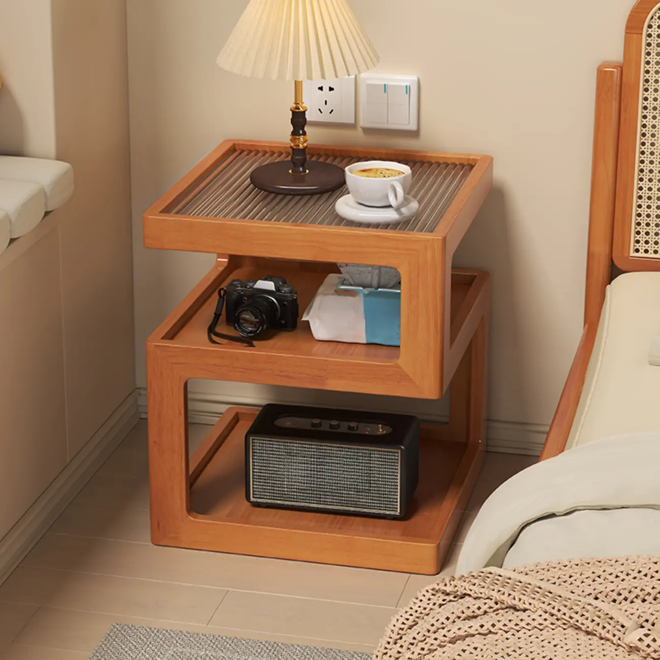 Organic Wood Bedside Cabinet with Glass Top Nightstand Image - 2 | homeyfad