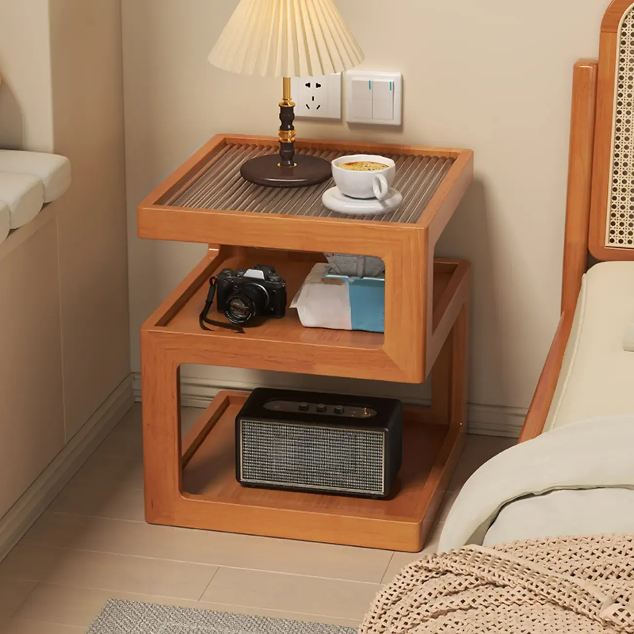 Organic Wood Bedside Cabinet with Glass Top Nightstand Image - 2