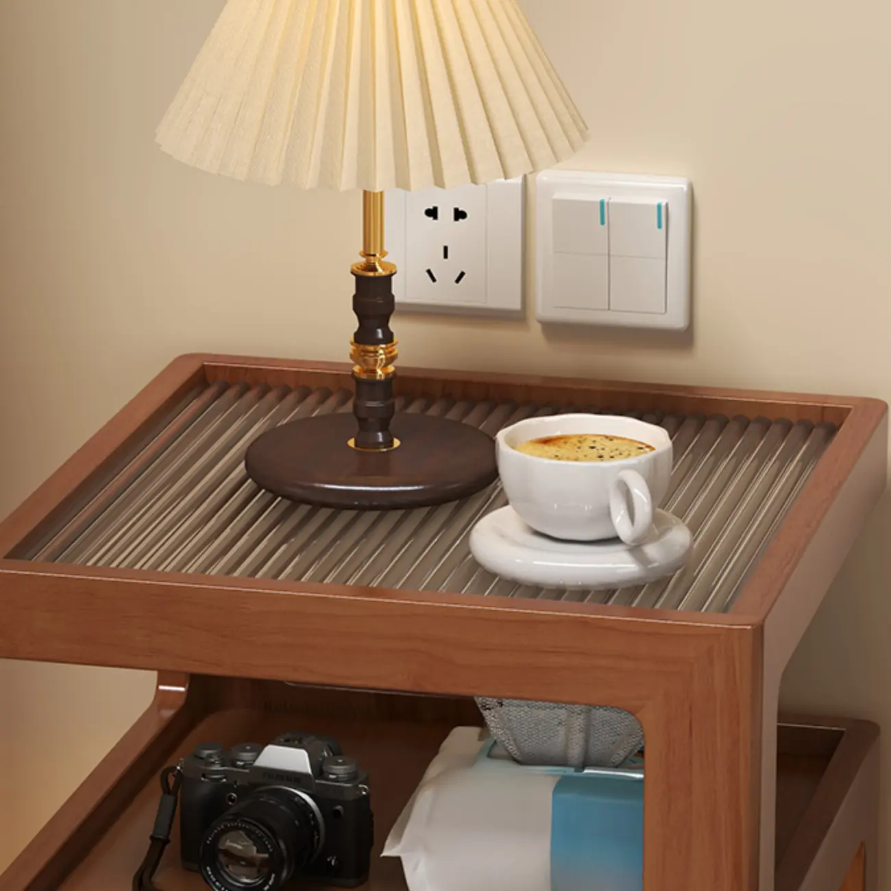 Organic Wood Bedside Cabinet with Glass Top Nightstand Image - 12 | homeyfad