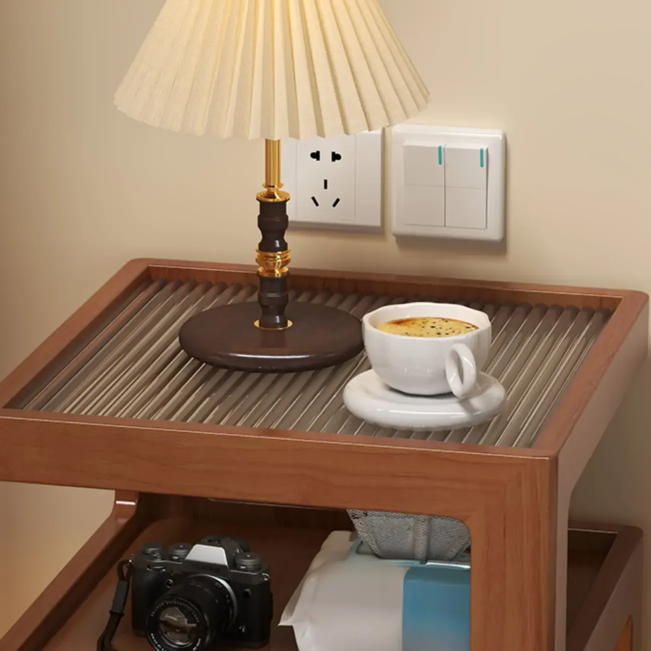 Organic Wood Bedside Cabinet with Glass Top Nightstand Image - 12