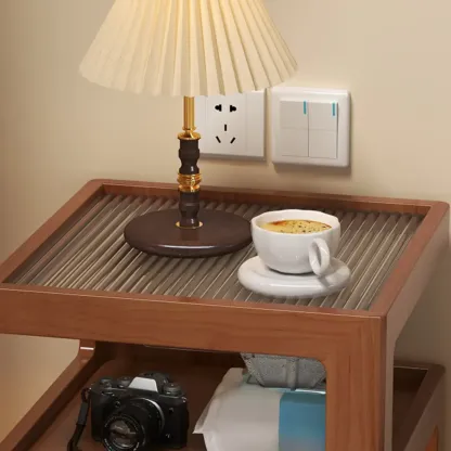Organic Wood Bedside Cabinet with Glass Top Nightstand Image - 12