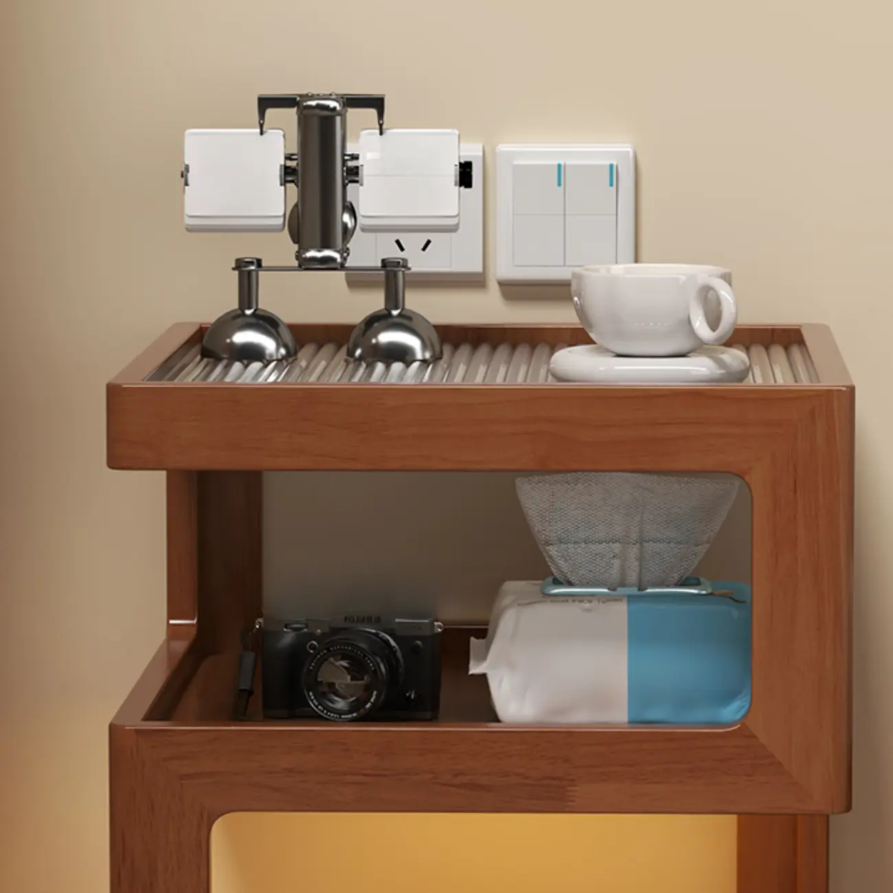 Organic Wood Bedside Cabinet with Glass Top Nightstand Image - 10 | homeyfad