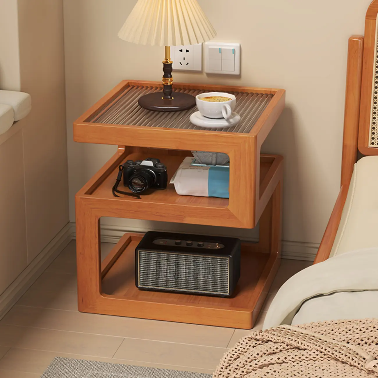 Organic Wood Bedside Cabinet with Glass Top Nightstand Image - 5 | homeyfad