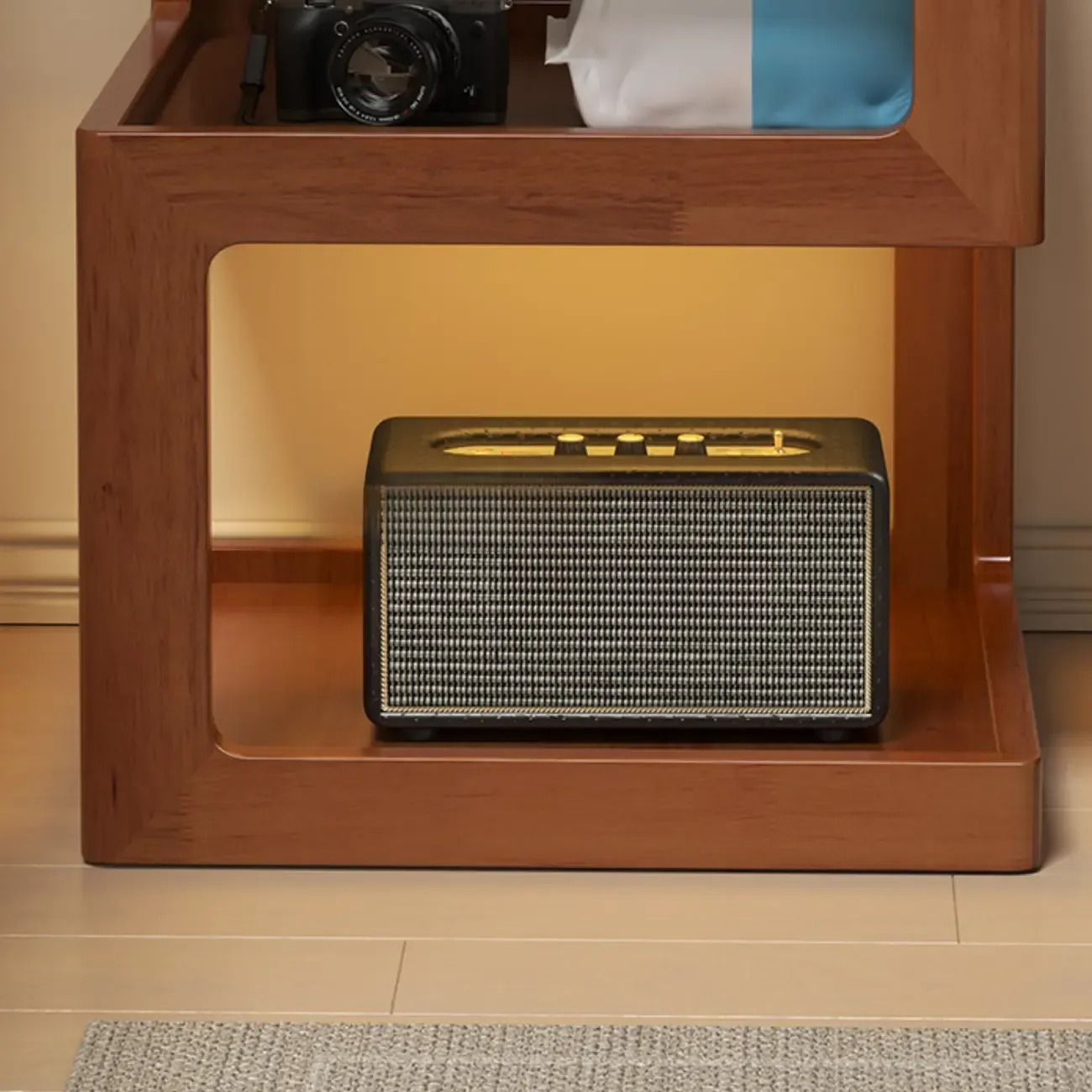 Organic Wood Bedside Cabinet with Glass Top Nightstand Image - 14