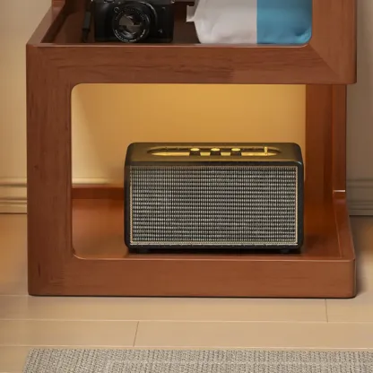 Organic Wood Bedside Cabinet with Glass Top Nightstand Image - 14