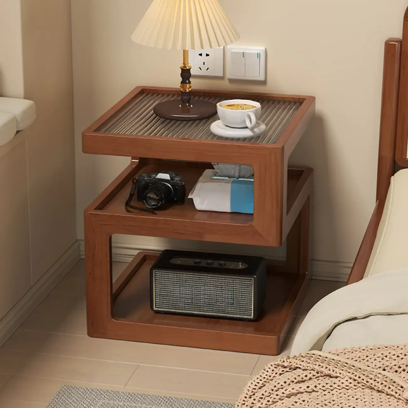 Organic Wood Bedside Cabinet with Glass Top Nightstand Image - 9