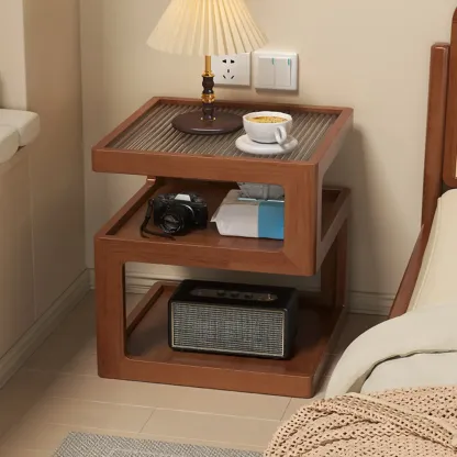 Organic Wood Bedside Cabinet with Glass Top Nightstand Image - 9