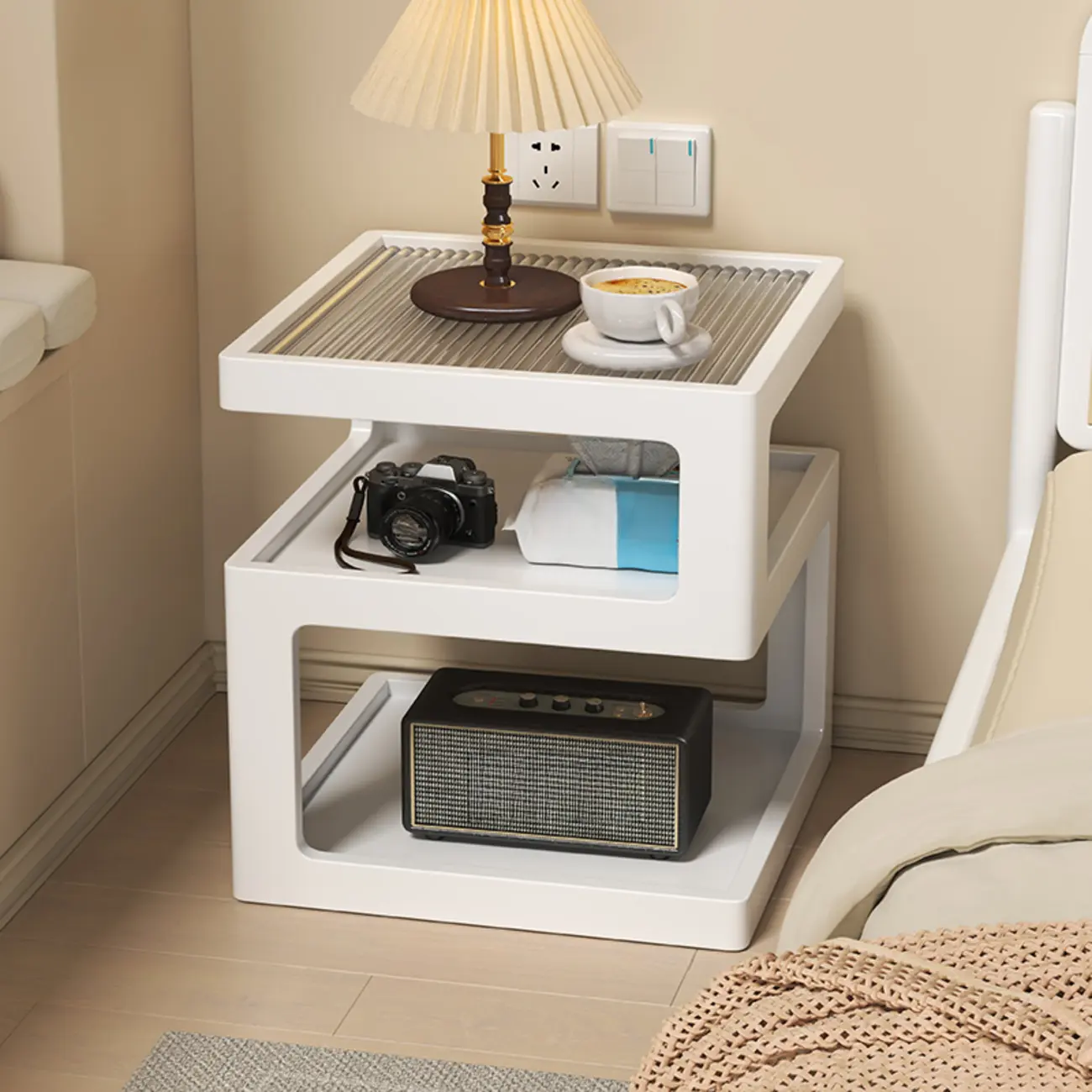 Organic Wood Bedside Cabinet with Glass Top Nightstand Image - 7 | homeyfad