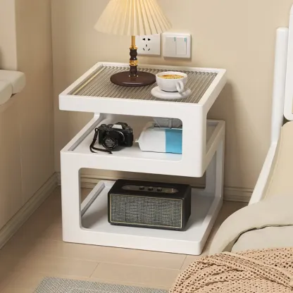 Organic Wood Bedside Cabinet with Glass Top Nightstand Image - 7