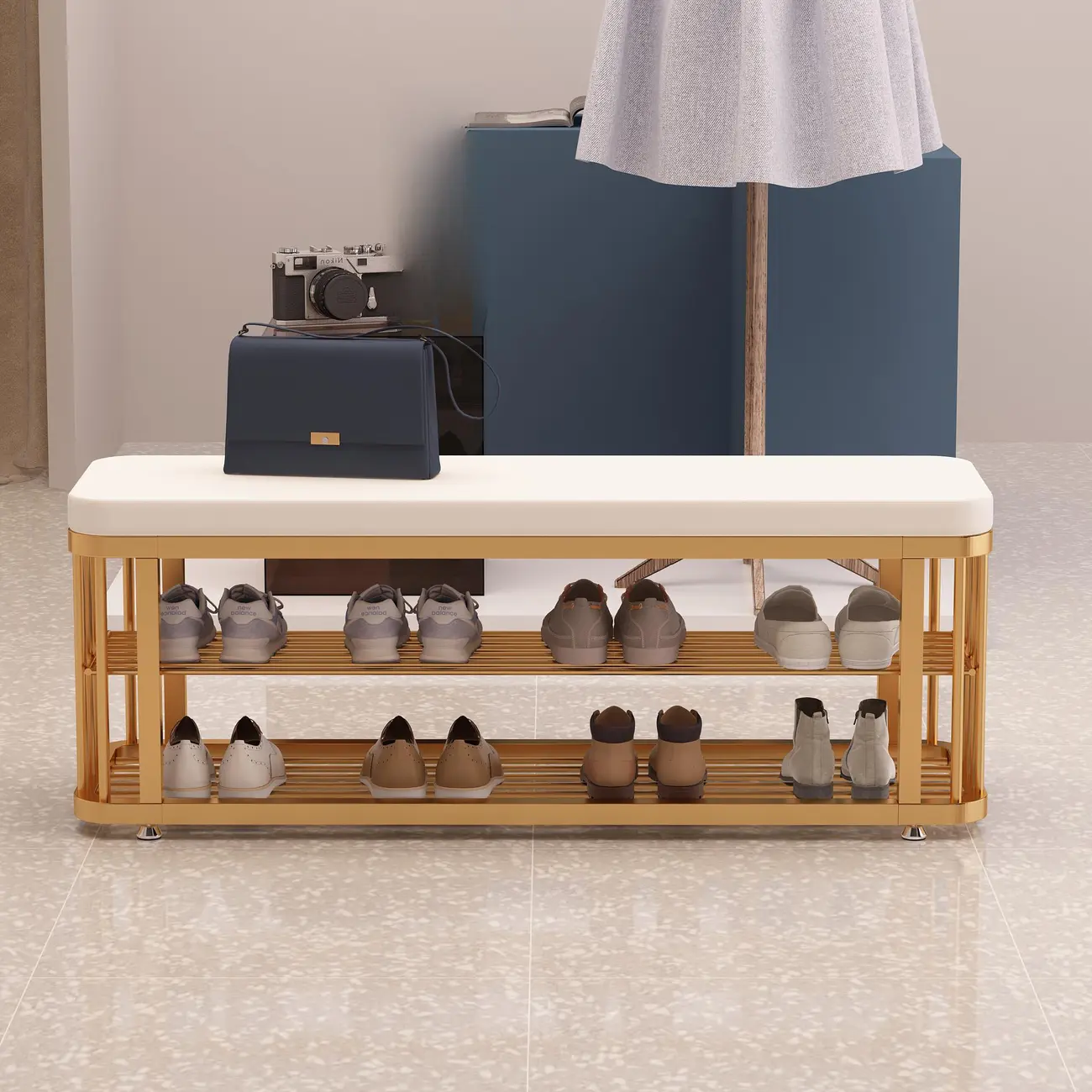 Glam Gold Metal Upholstered Storage Bench for Entryway Image - 1 | homeyfad