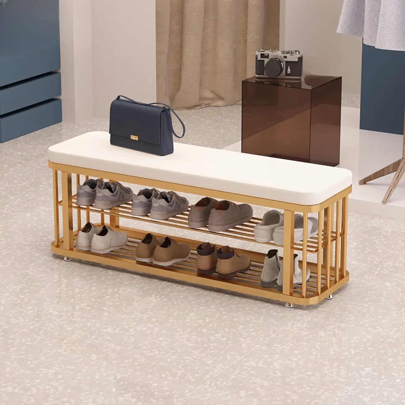 Glam Gold Metal Upholstered Storage Bench for Entryway | HomeyFad