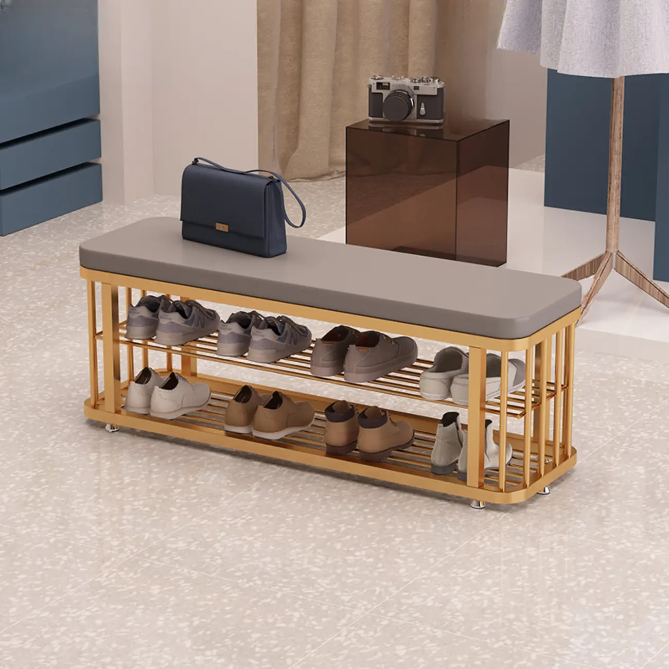 Glam Gold Metal Upholstered Storage Bench for Entryway Image - 7 | homeyfad