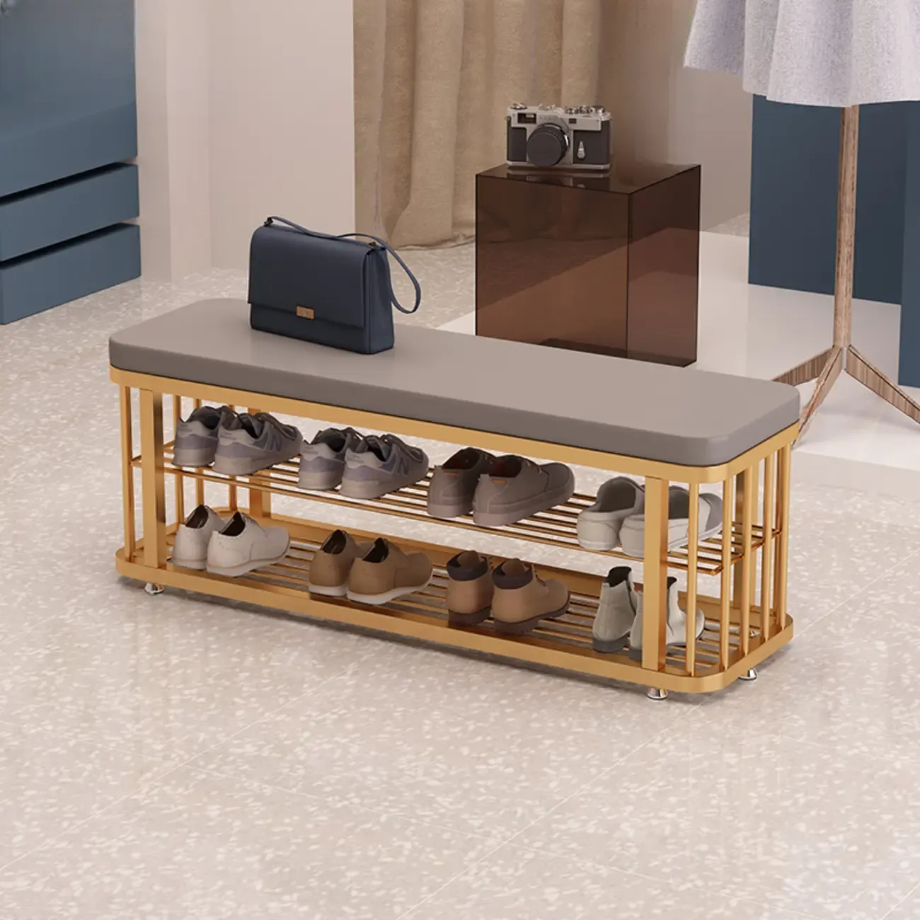 Glam Gold Metal Upholstered Storage Bench for Entryway Image - 7