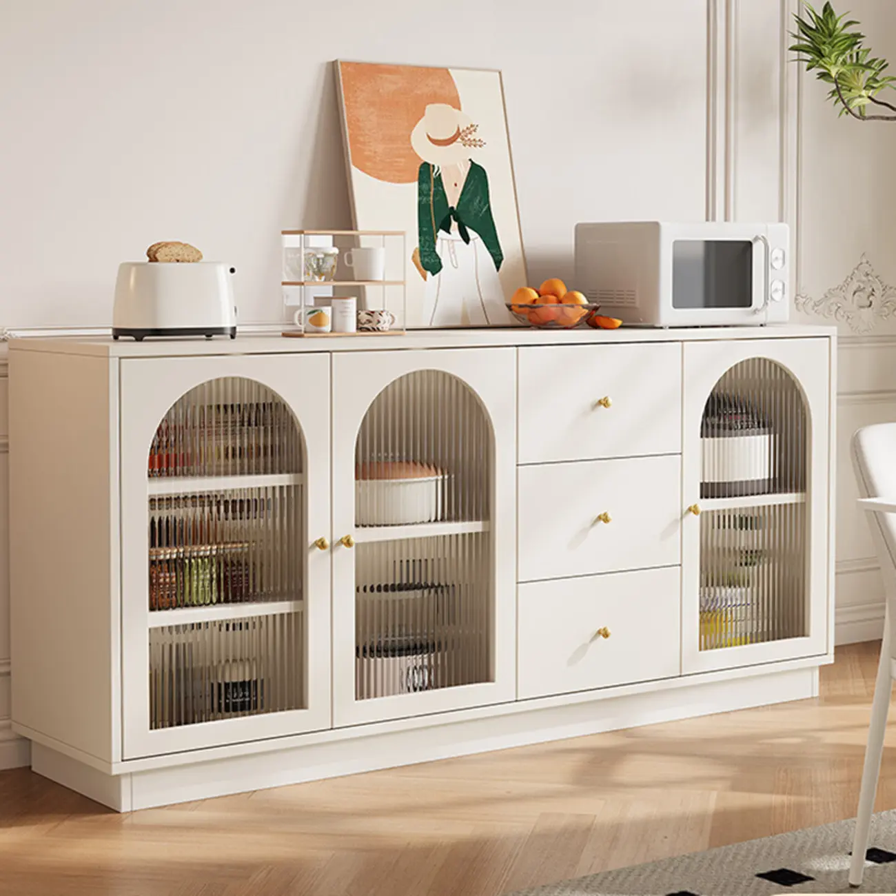 Elegant Adjustable Arched Glass Wood Buffet Cabinet with 3 Drawers Image - 1 | homeyfad