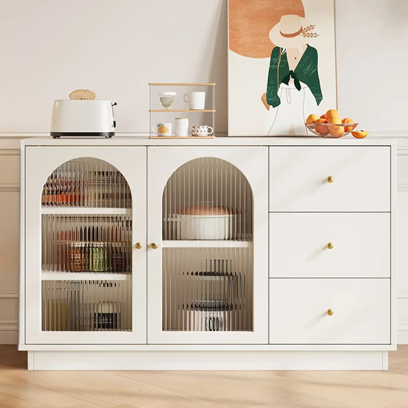 Elegant Adjustable Arched Glass Wood Buffet Cabinet with 3 Drawers Image - 2