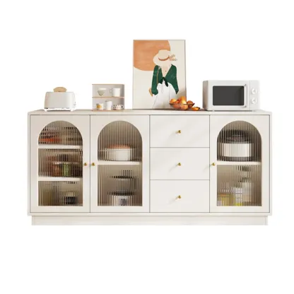 Elegant Adjustable Arched Glass Wood Buffet Cabinet with 3 Drawers Image - 5