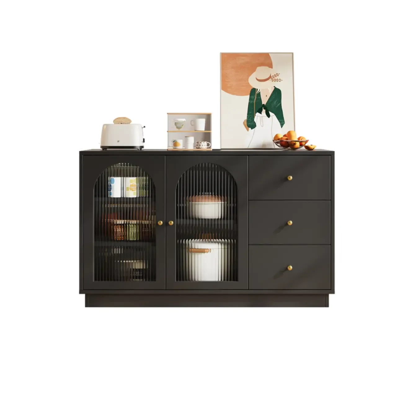 Elegant Adjustable Arched Glass Wood Buffet Cabinet with 3 Drawers | HomeyFad