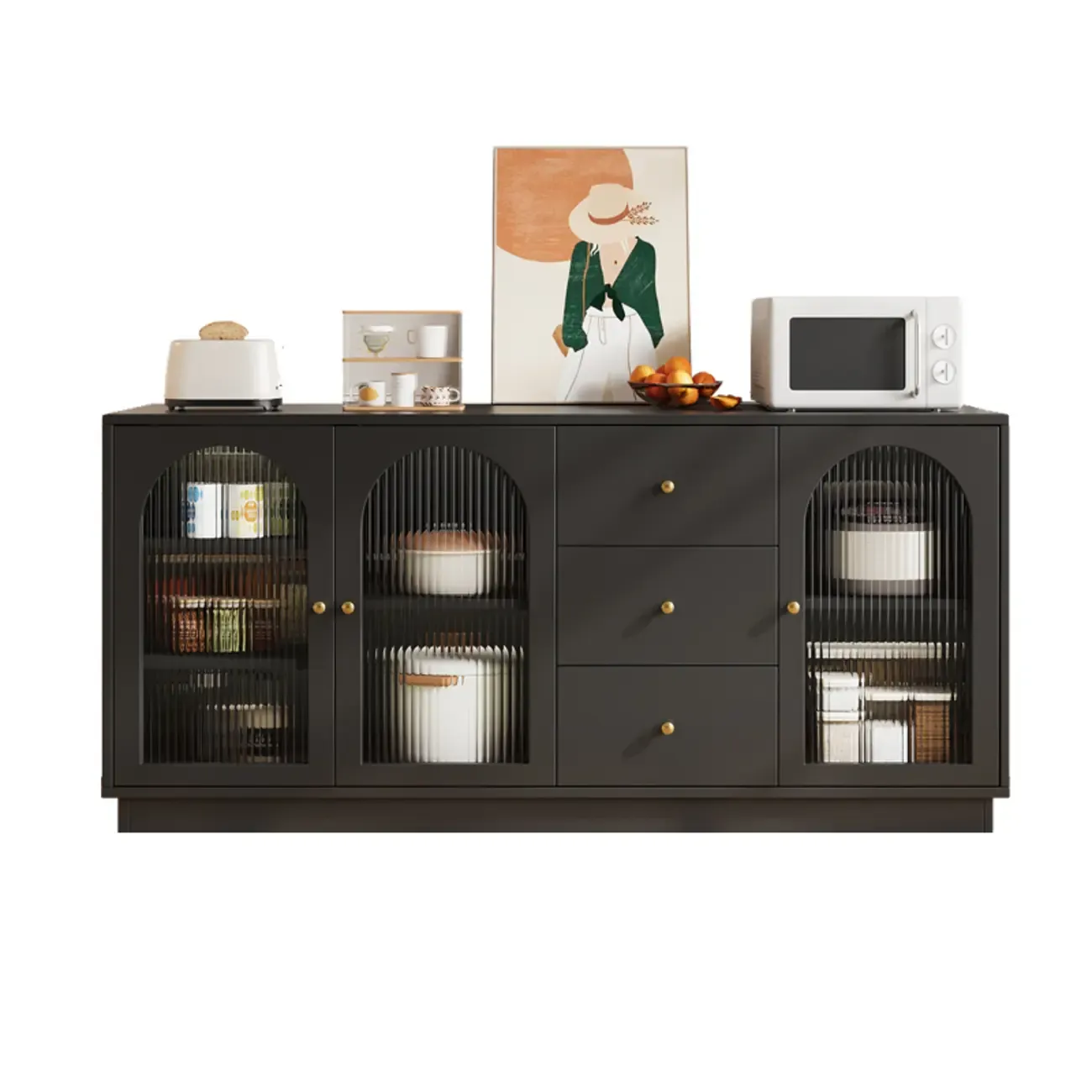 Elegant Adjustable Arched Glass Wood Buffet Cabinet with 3 Drawers Image - 11