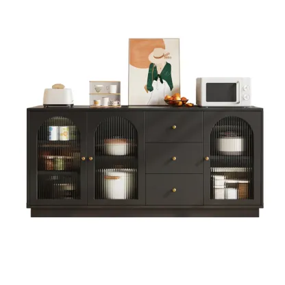 Elegant Adjustable Arched Glass Wood Buffet Cabinet with 3 Drawers Image - 11