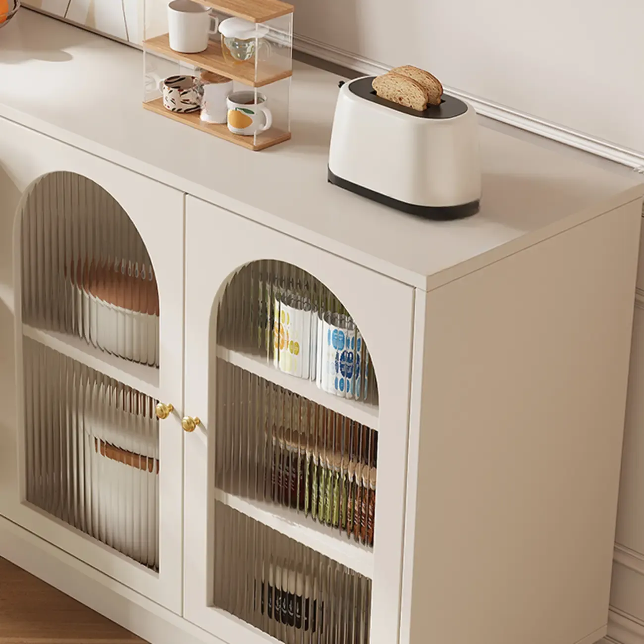 Elegant Adjustable Arched Glass Wood Buffet Cabinet with 3 Drawers Image - 13