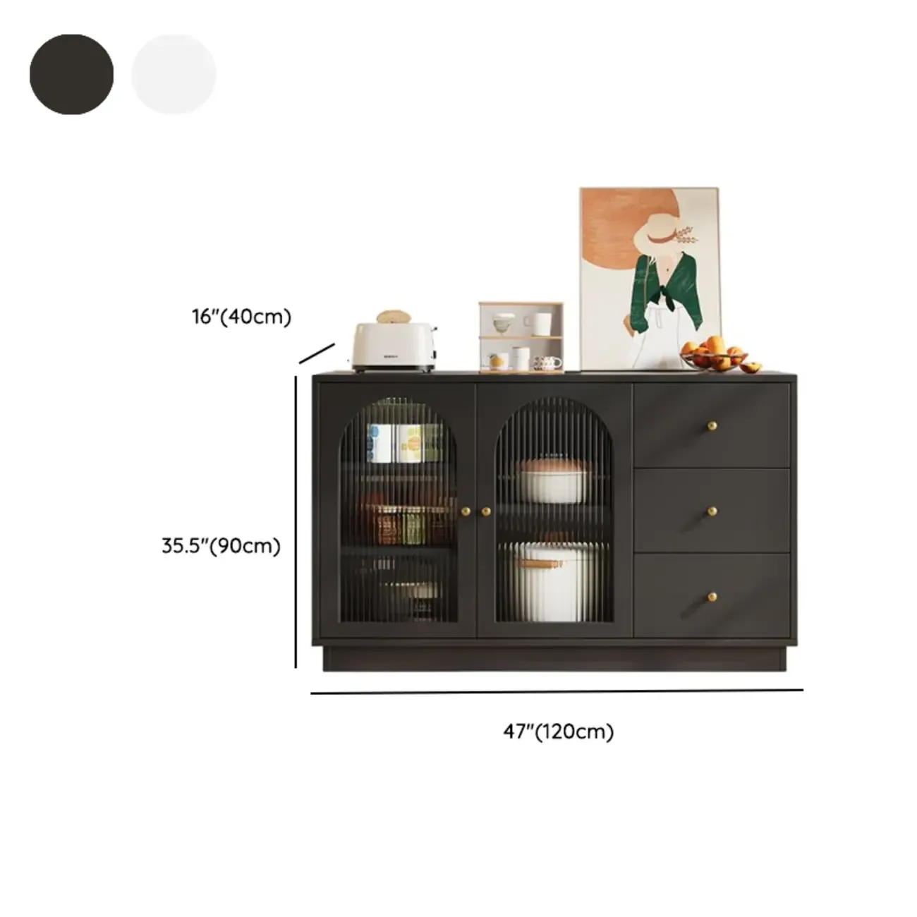 Elegant Adjustable Arched Glass Wood Buffet Cabinet with 3 Drawers Image - 16