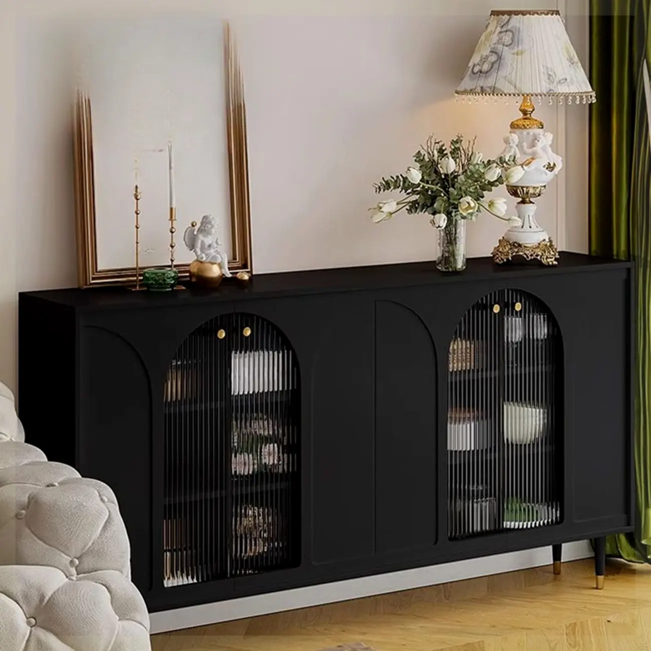 Narrow Glass Wooden White Black Sideboard Cabinet with Doors Image - 2 | homeyfad