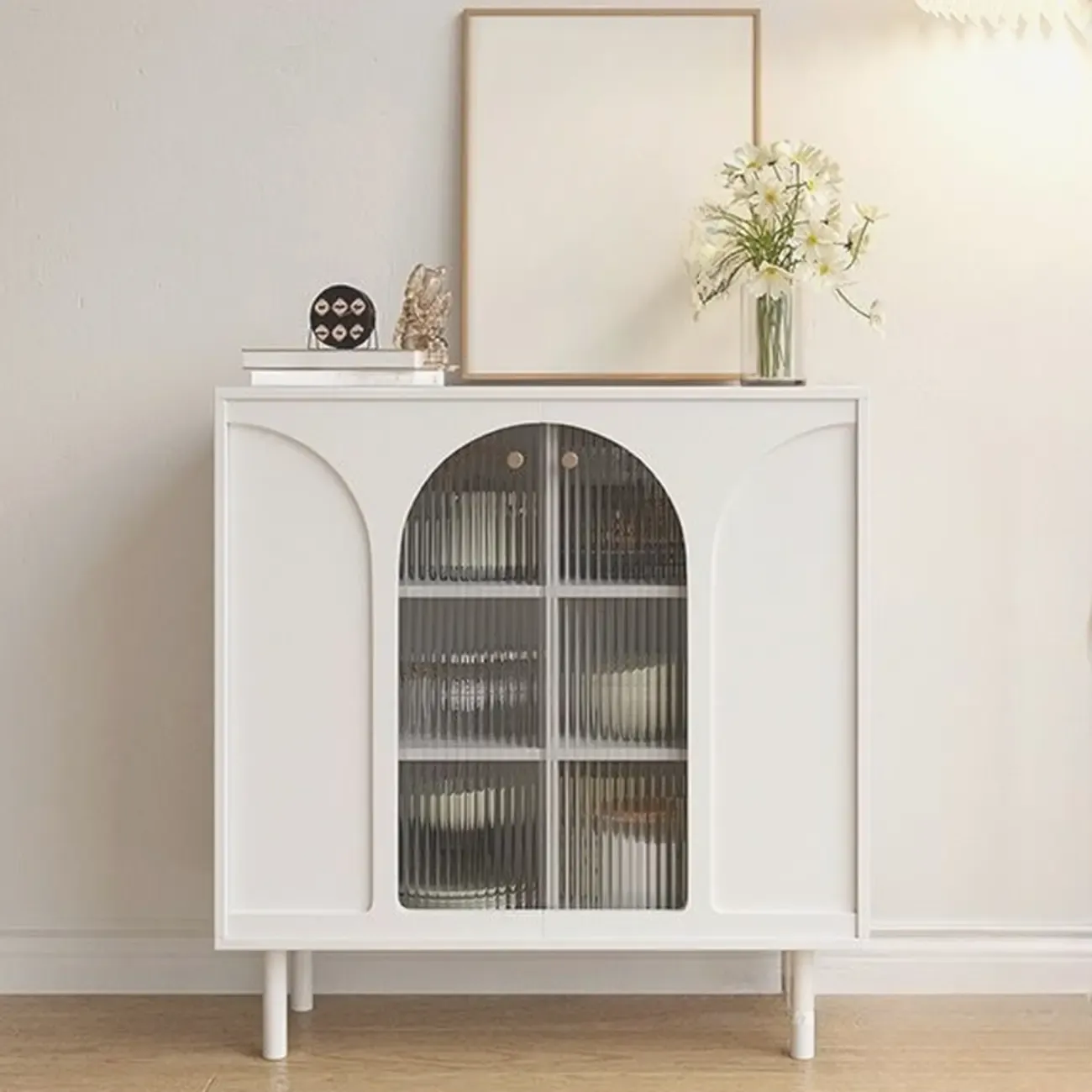 Narrow Glass Wooden White Black Sideboard Cabinet with Doors Image - 4
