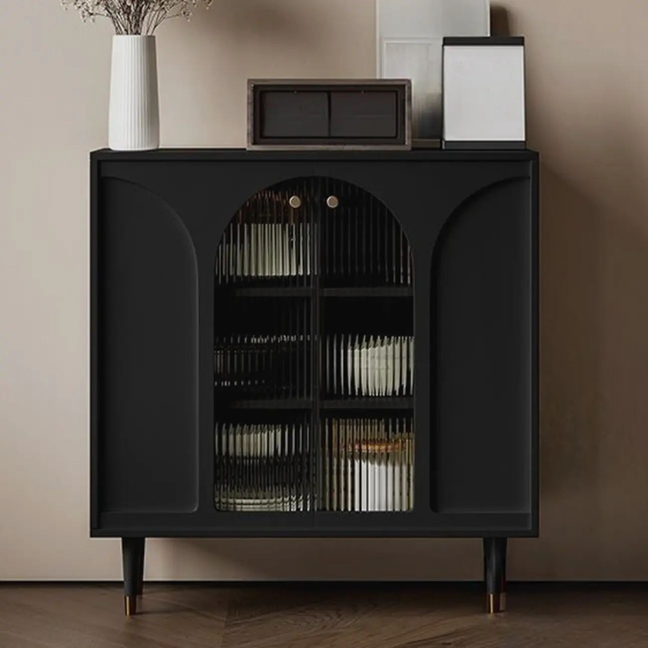 Narrow Glass Wooden White Black Sideboard Cabinet with Doors Image - 5 | homeyfad