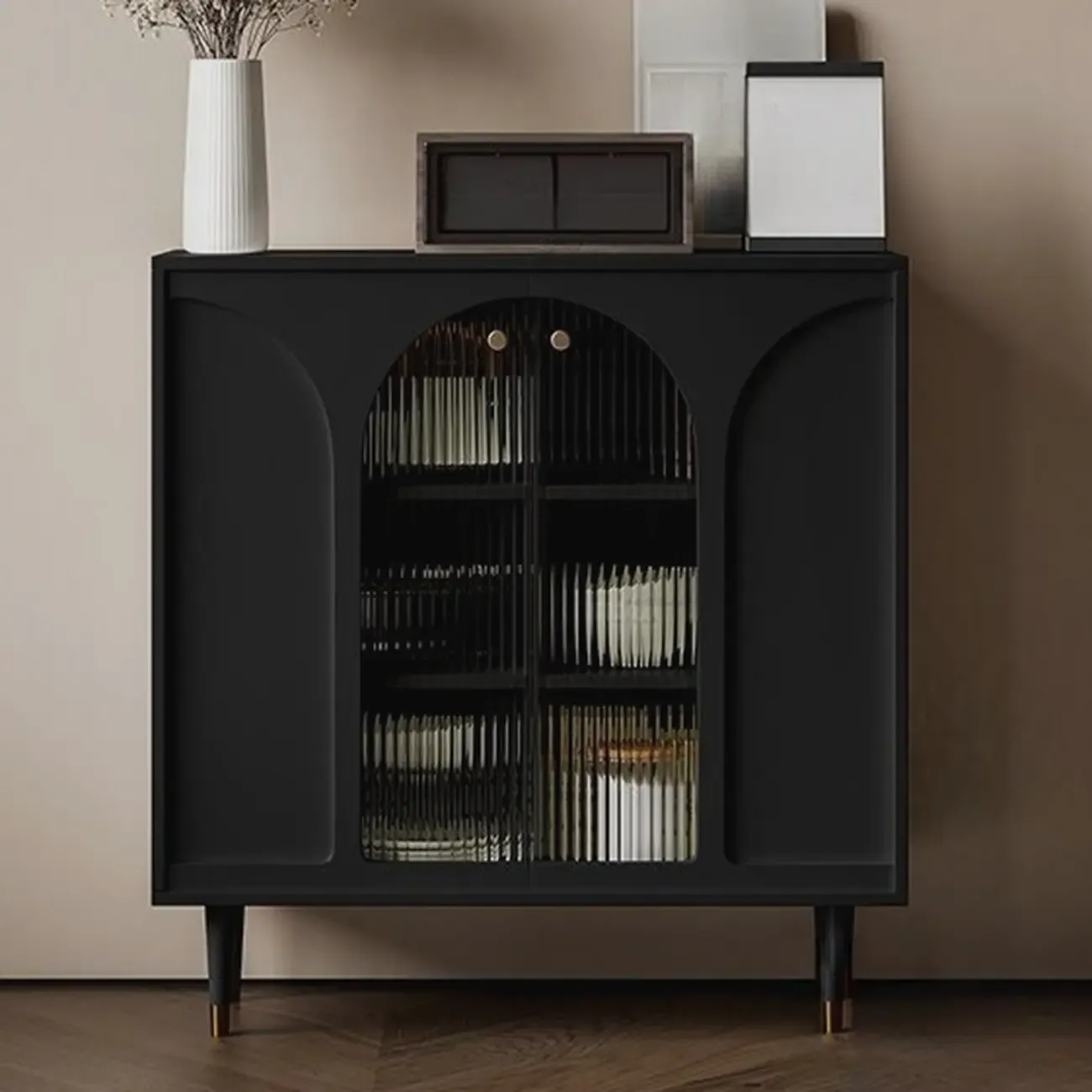 Narrow Glass Wooden White Black Sideboard Cabinet with Doors | HomeyFad