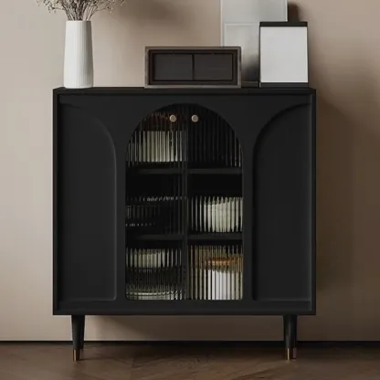 Narrow Glass Wooden White Black Sideboard Cabinet with Doors Image - 5