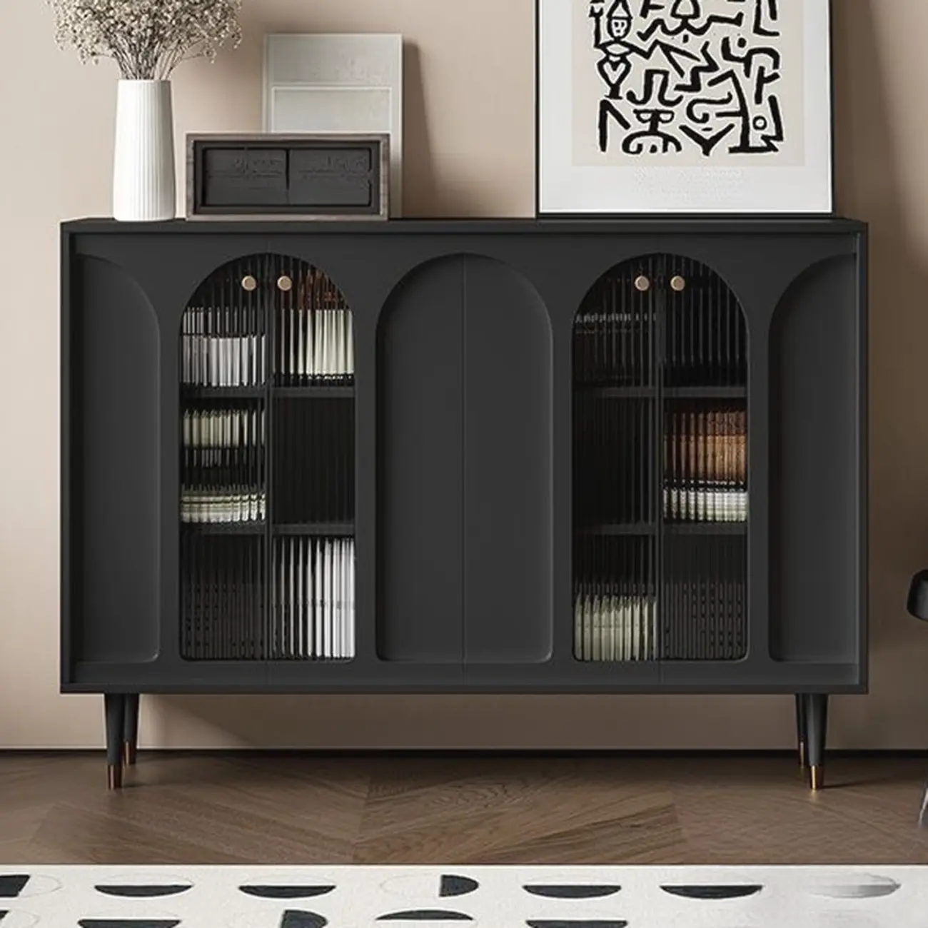 Narrow Glass Wooden White Black Sideboard Cabinet with Doors Image - 1 | homeyfad