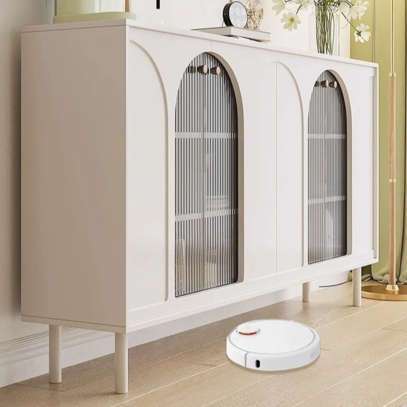 Narrow Glass Wooden White Black Sideboard Cabinet with Doors Image - 9 | homeyfad