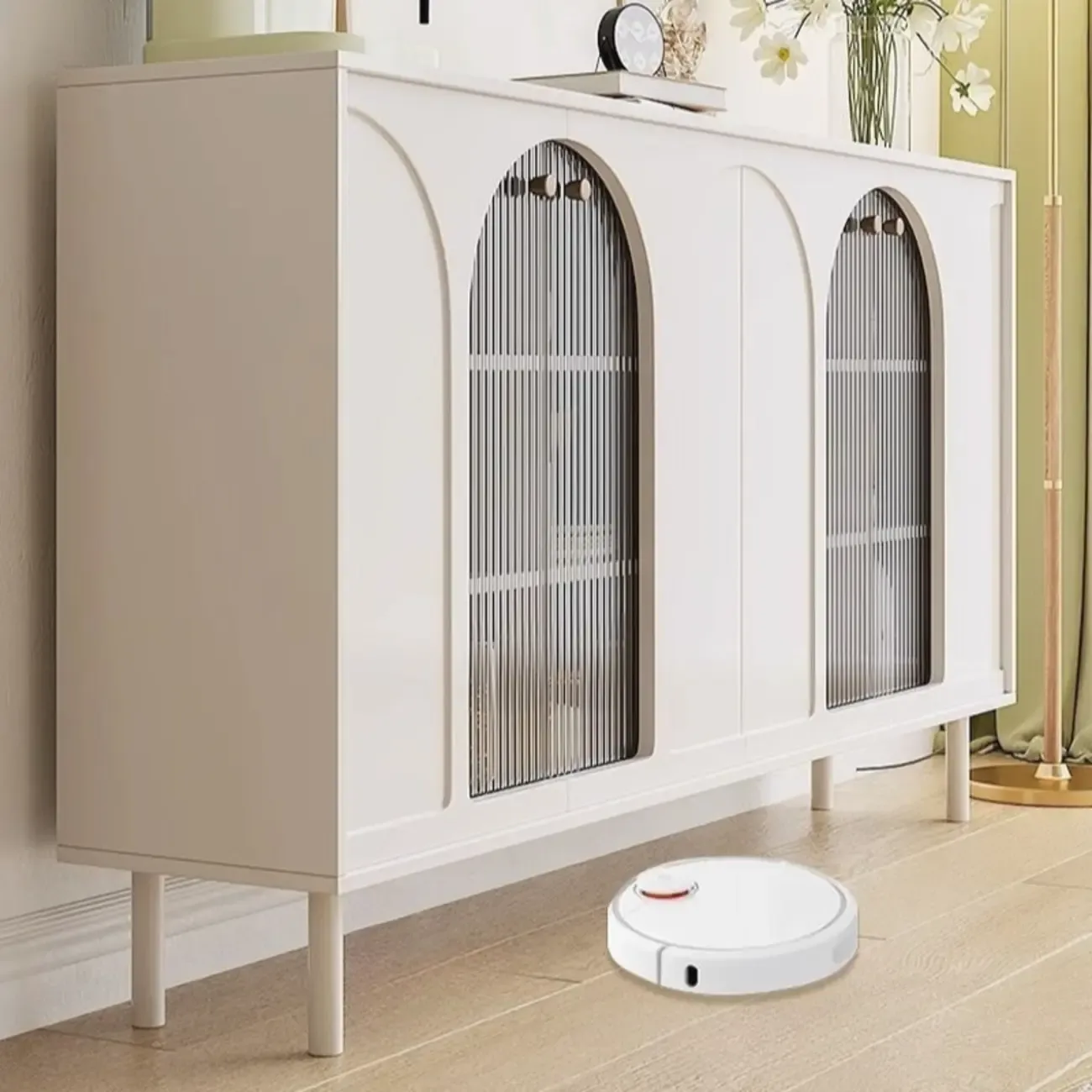 Narrow Glass Wooden White Black Sideboard Cabinet with Doors Image - 9