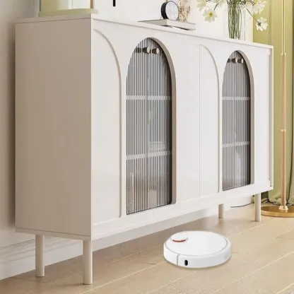 Narrow Glass Wooden White Black Sideboard Cabinet with Doors Image - 9