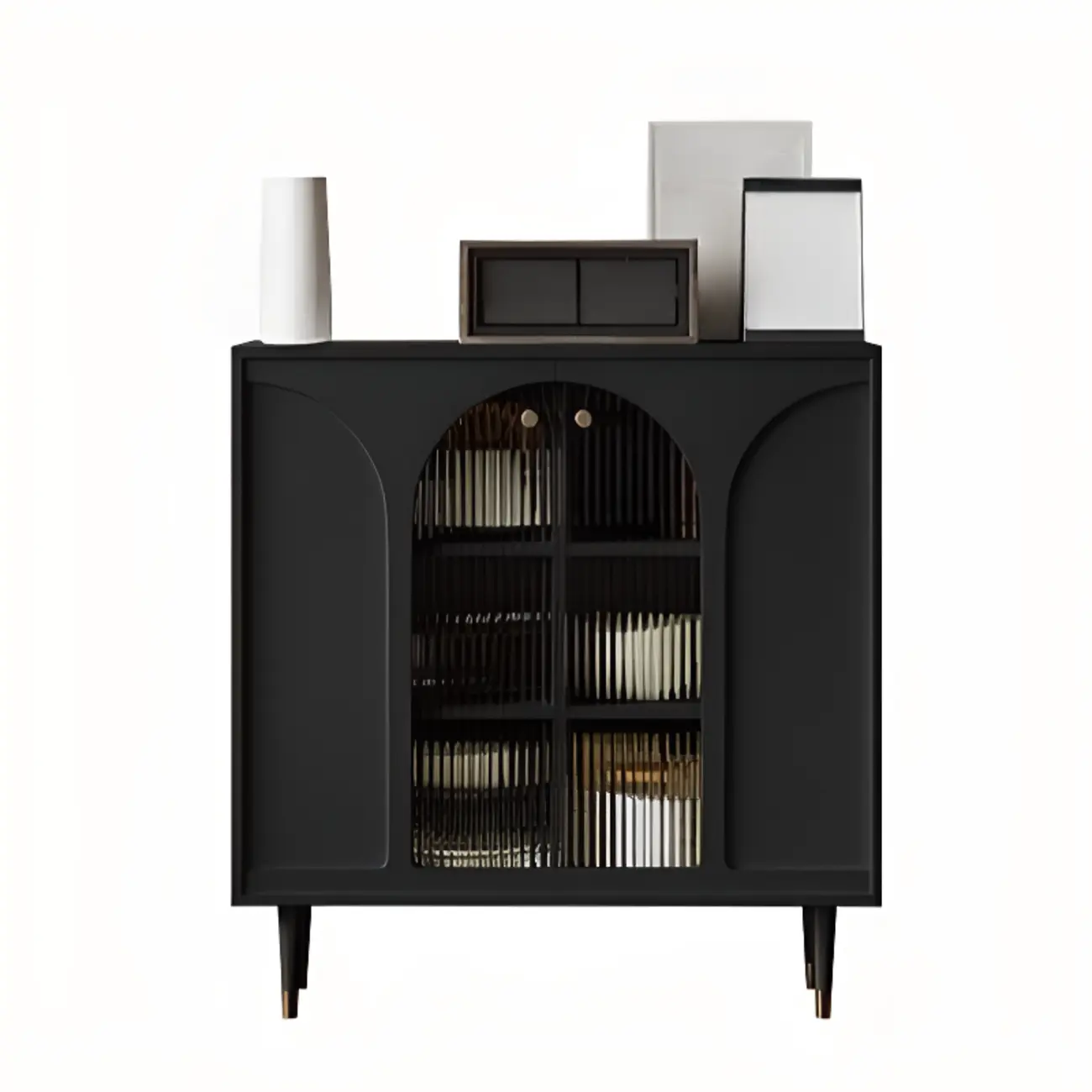 Narrow Glass Wooden White Black Sideboard Cabinet with Doors Image - 14 | homeyfad