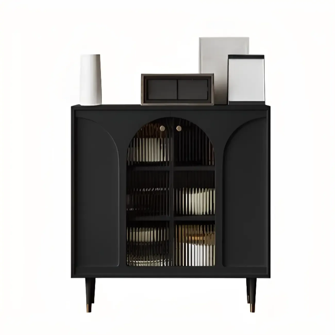 Narrow Glass Wooden White Black Sideboard Cabinet with Doors Image - 14