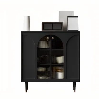Narrow Glass Wooden White Black Sideboard Cabinet with Doors Image - 14