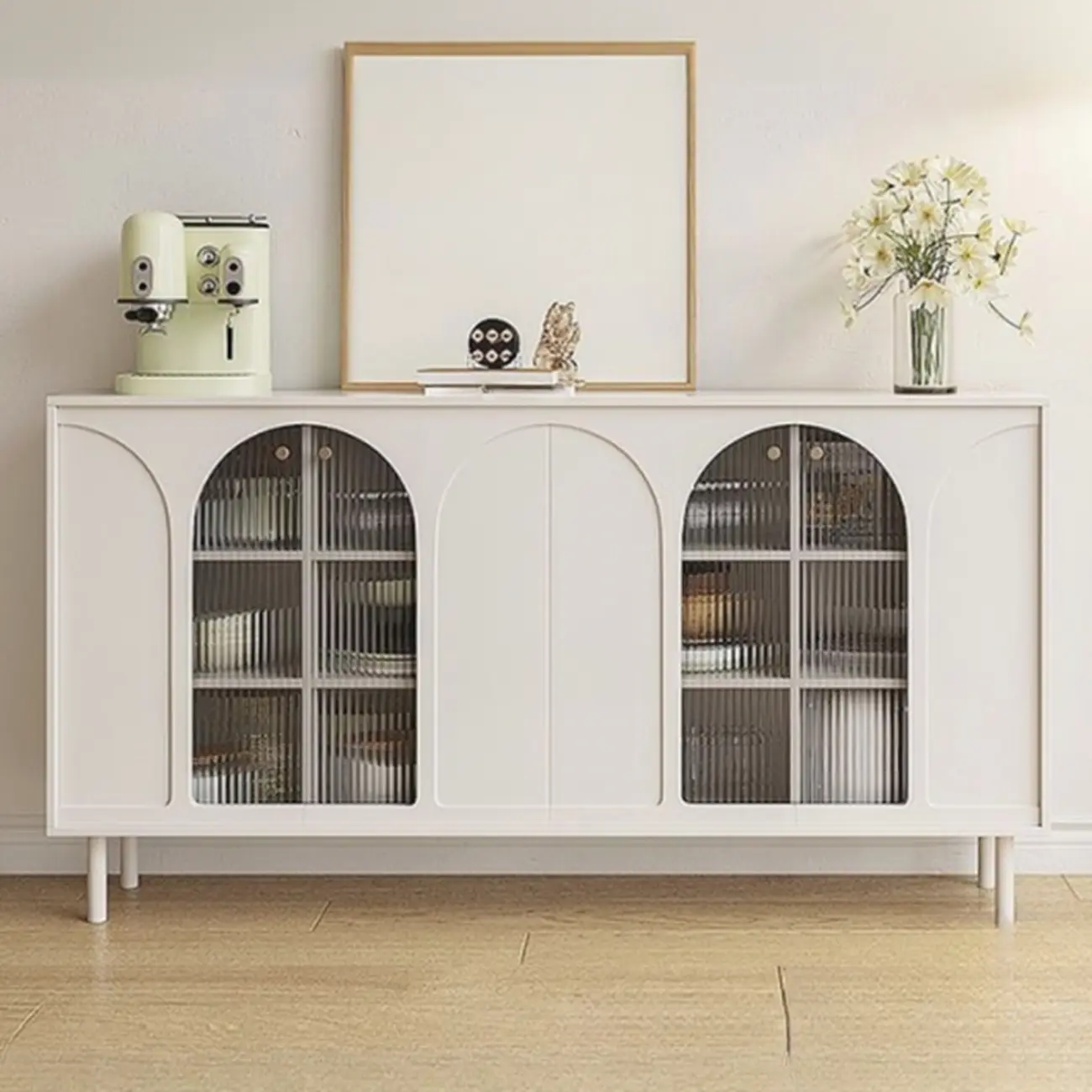 Narrow Glass Wooden White Black Sideboard Cabinet with Doors Image - 6 | homeyfad