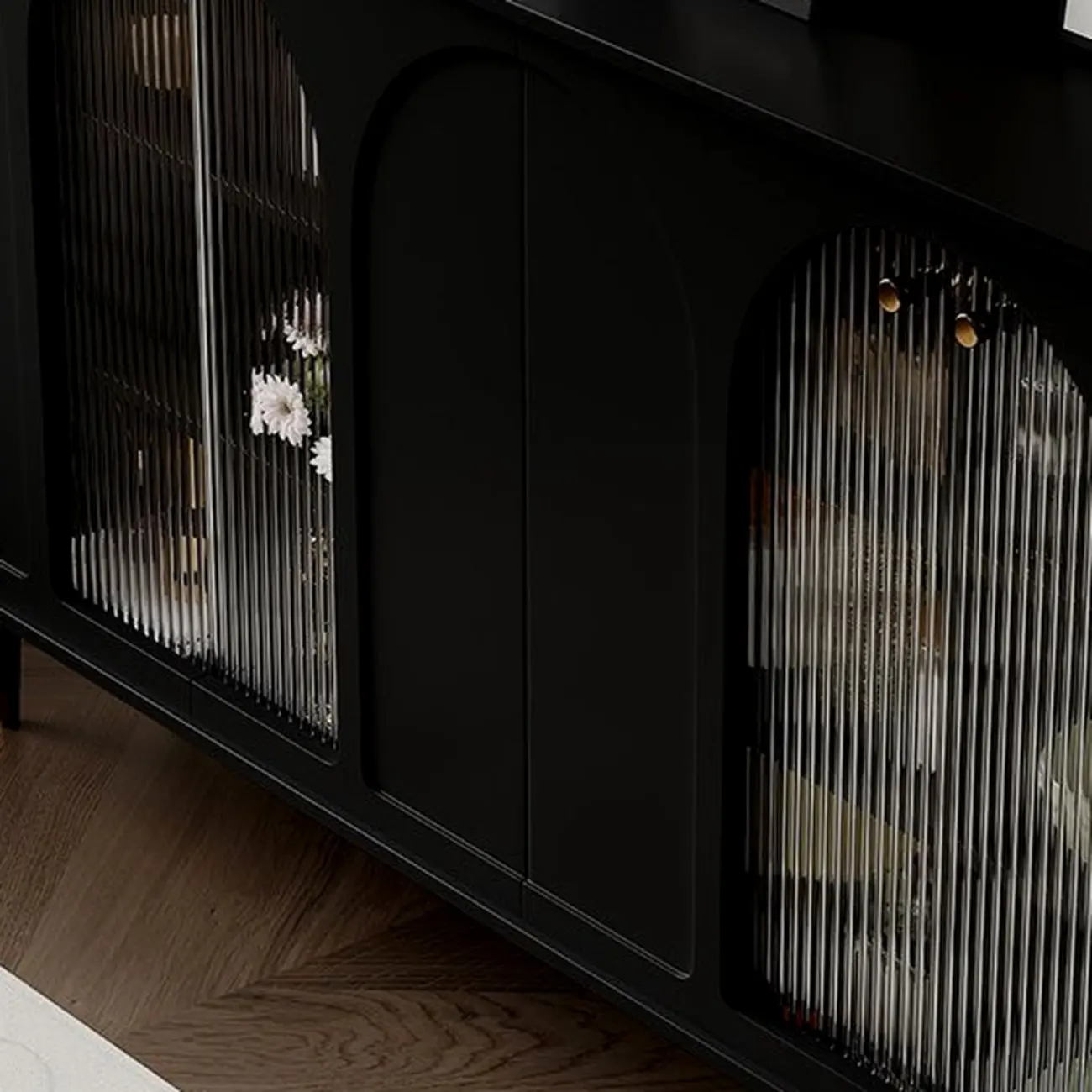 Narrow Glass Wooden White Black Sideboard Cabinet with Doors Image - 12 | homeyfad