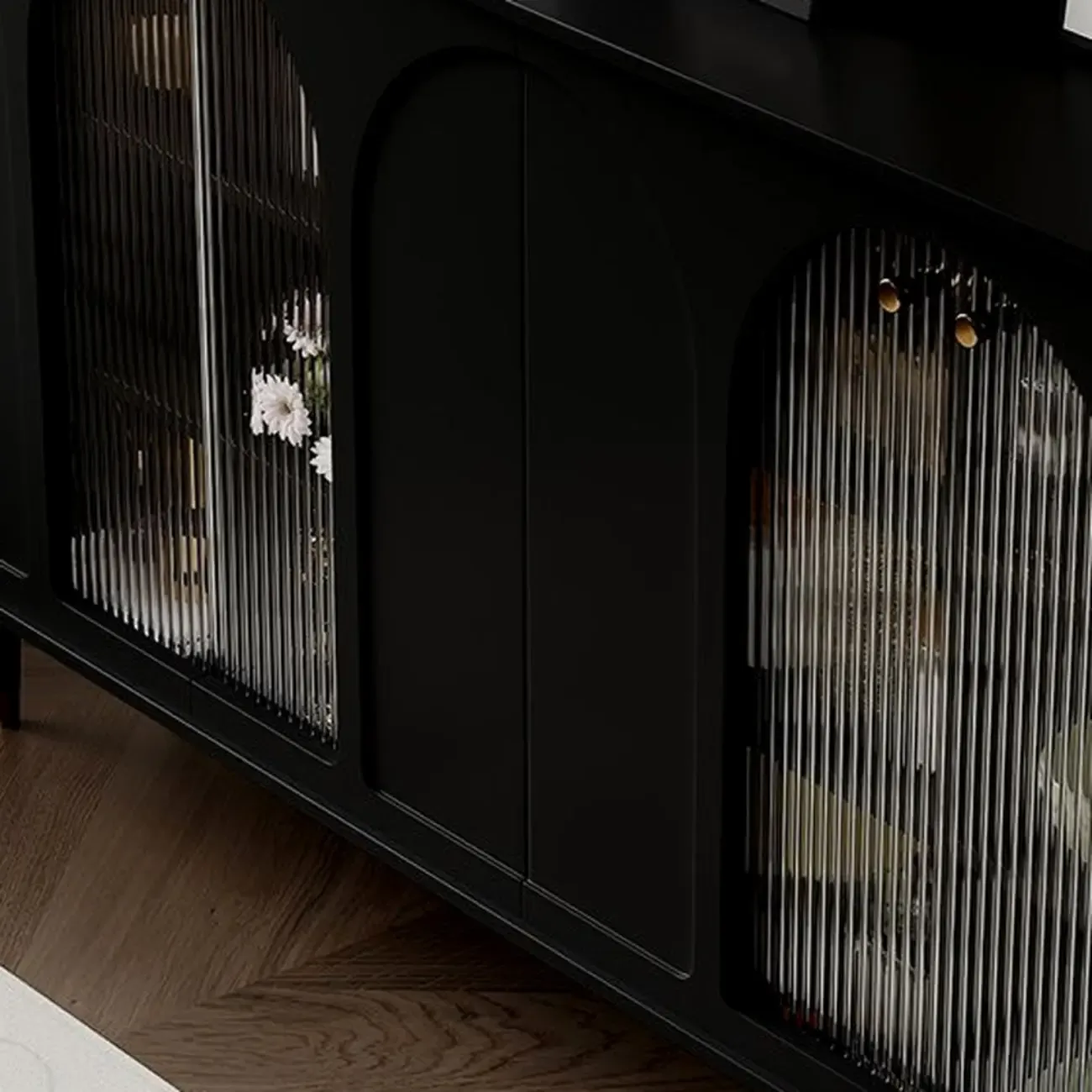 Narrow Glass Wooden White Black Sideboard Cabinet with Doors Image - 12